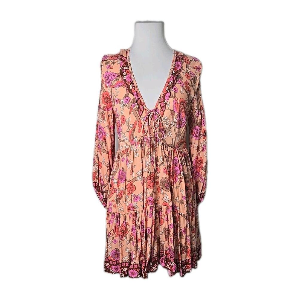 Coastal Traders Peach Floral Rayon Ruffle‎ Long Sleeve Mini Dress S/M